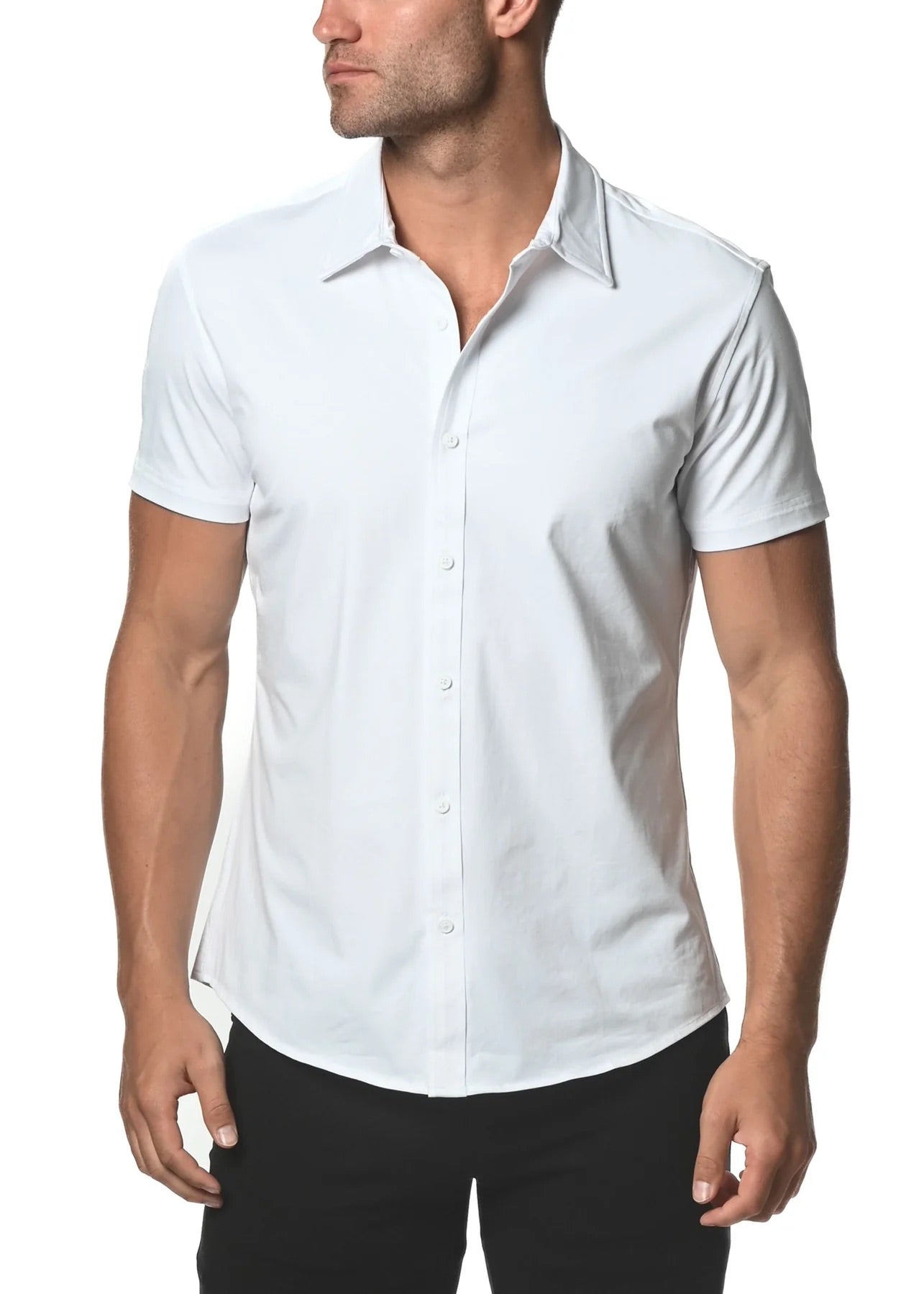 White Solid Cotton Stretch Short Sleeve Shirt