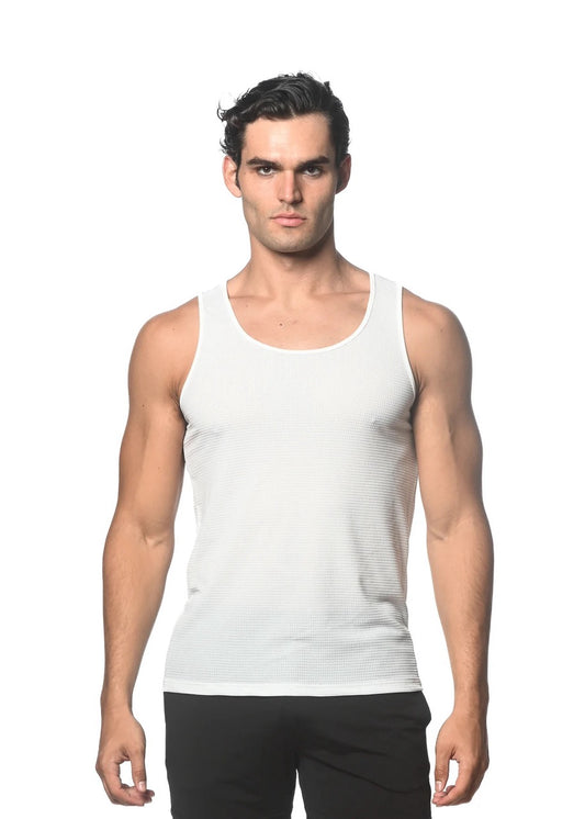 Off White Waffle Stretch Mesh Performance Tank