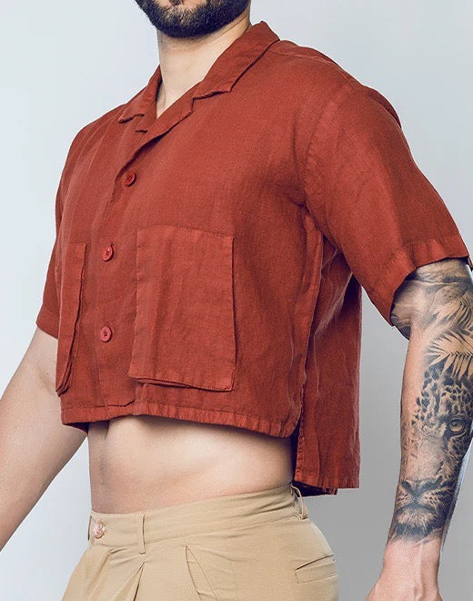 Brown Cropped Linen Shirt