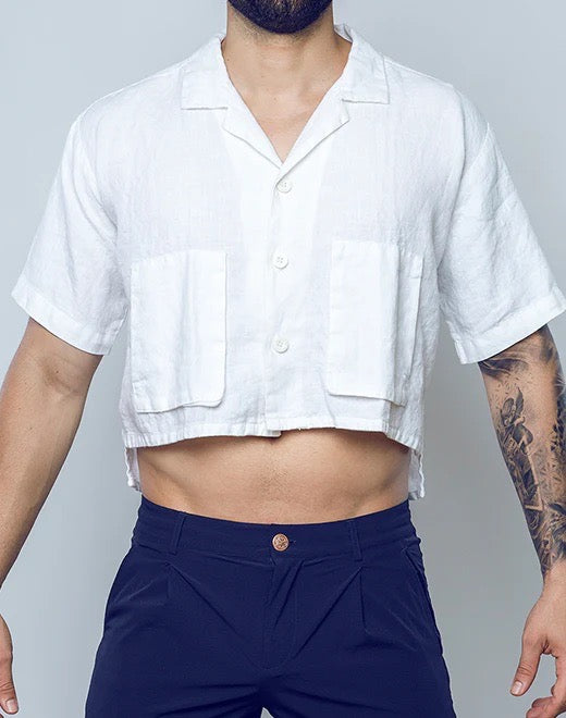 White Cropped Linen Shirt