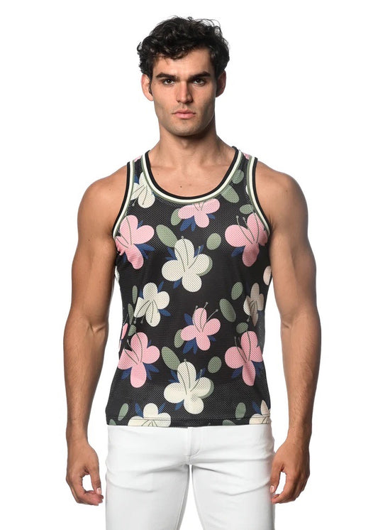 Navy/Blush Floral Printed Stretch Mesh Tank