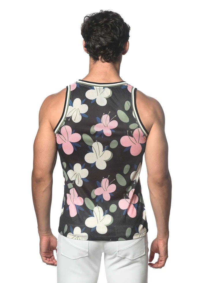 Navy/Blush Floral Printed Stretch Mesh Tank