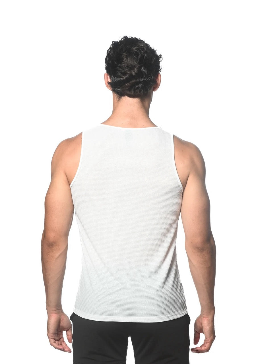 Off White Waffle Stretch Mesh Performance Tank