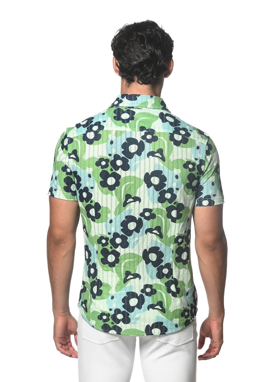 Aloe Floral Printed Open Knit Stretch Short Sleeve Shirt