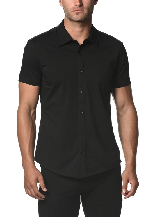 Black Solid Cotton Stretch Short Sleeve Shirt