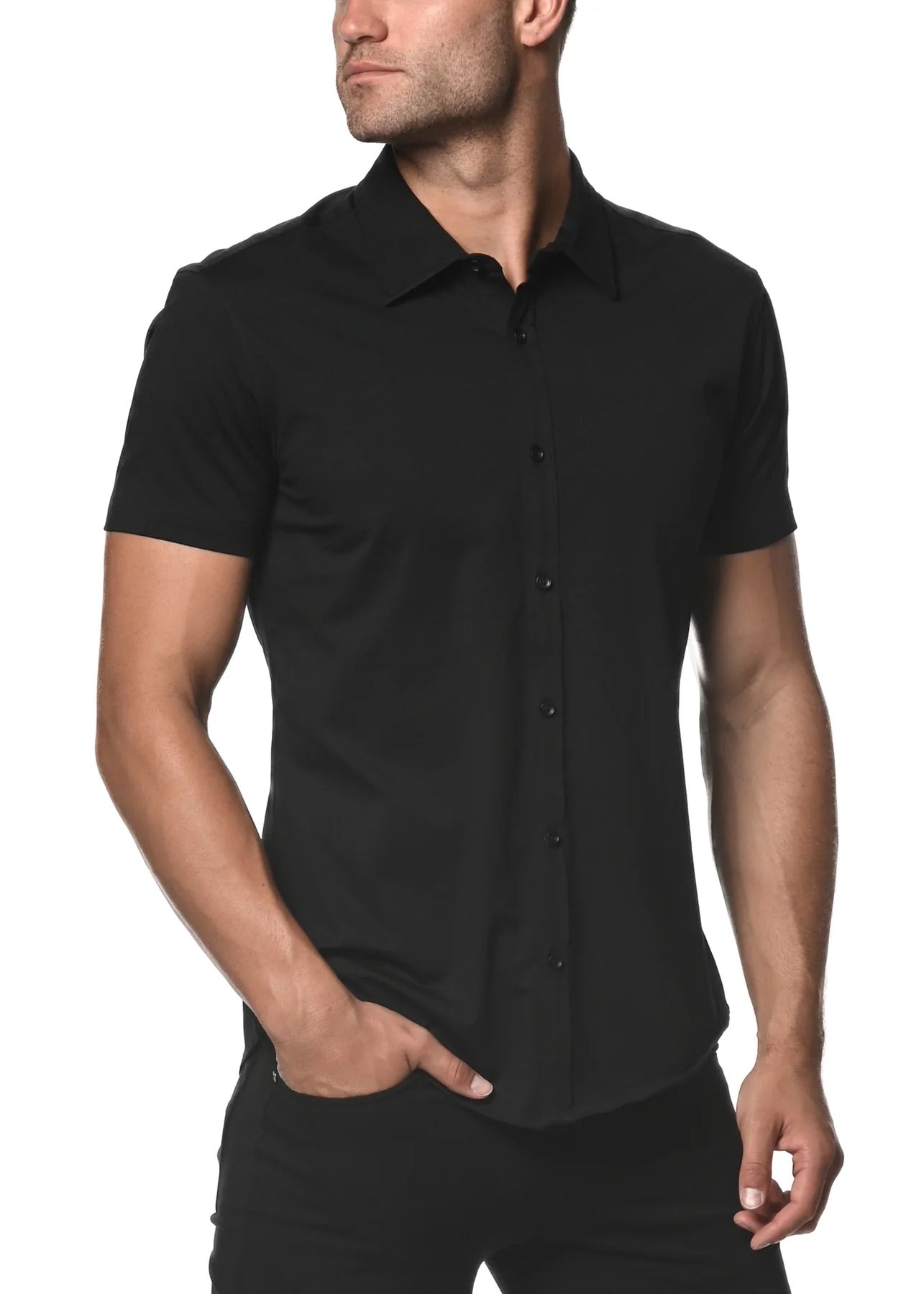 Black Solid Cotton Stretch Short Sleeve Shirt