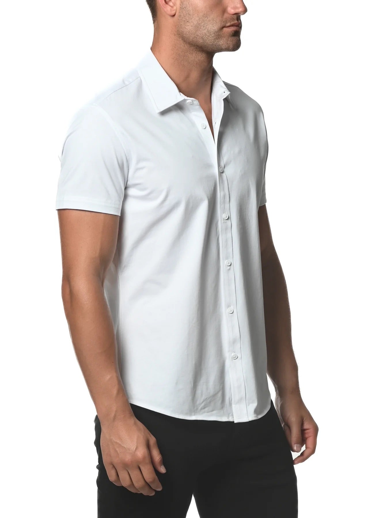 White Solid Cotton Stretch Short Sleeve Shirt